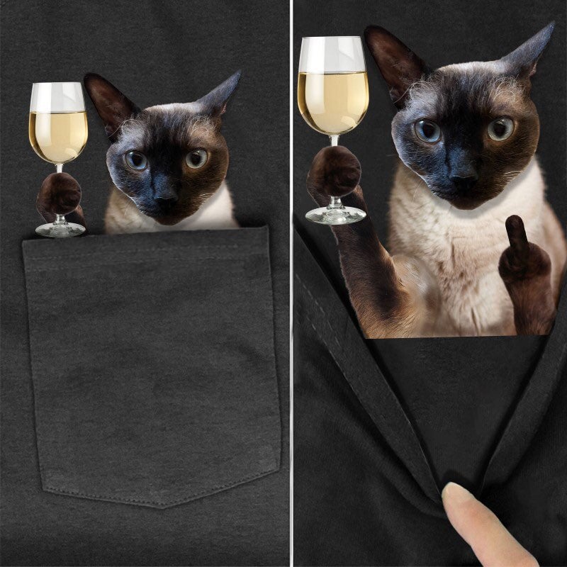 Siamese Cat White Wine Pocket T-Shirt - Super Kitty Cats - white-wine-s