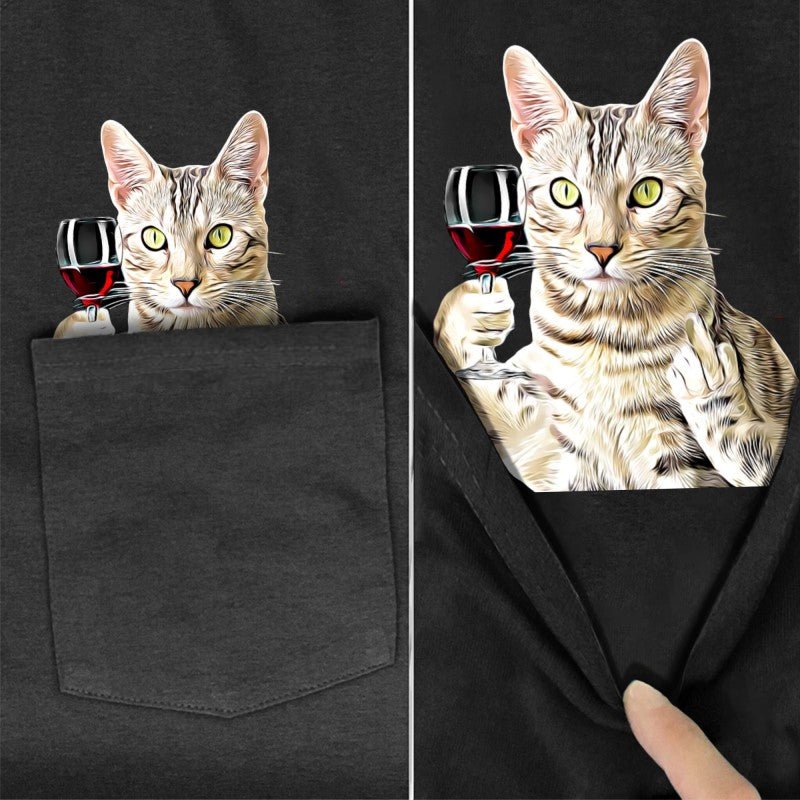 Silver Bengal Wine Pocket T-Shirt - Super Kitty Cats - SilverBengalpockettshirt-S