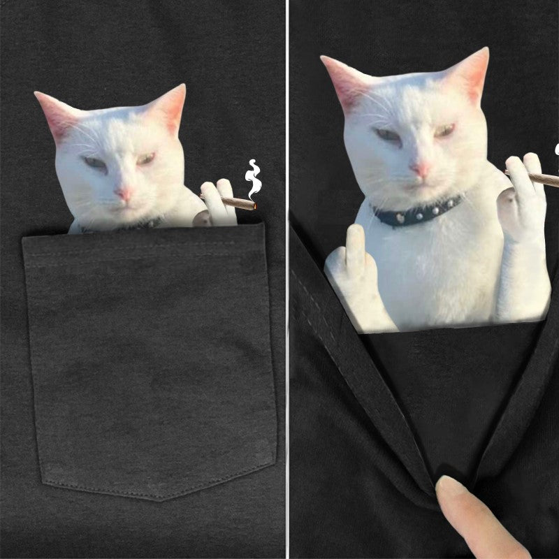 Smoking Shorthair Cat Pocket T-Shirt - Super Kitty Cats - ASSpockettshirt-S