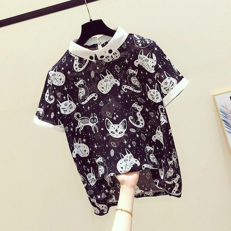 Stylish Cat Chiffon Blouse - Super Kitty Cats - 29632126-9973black-m