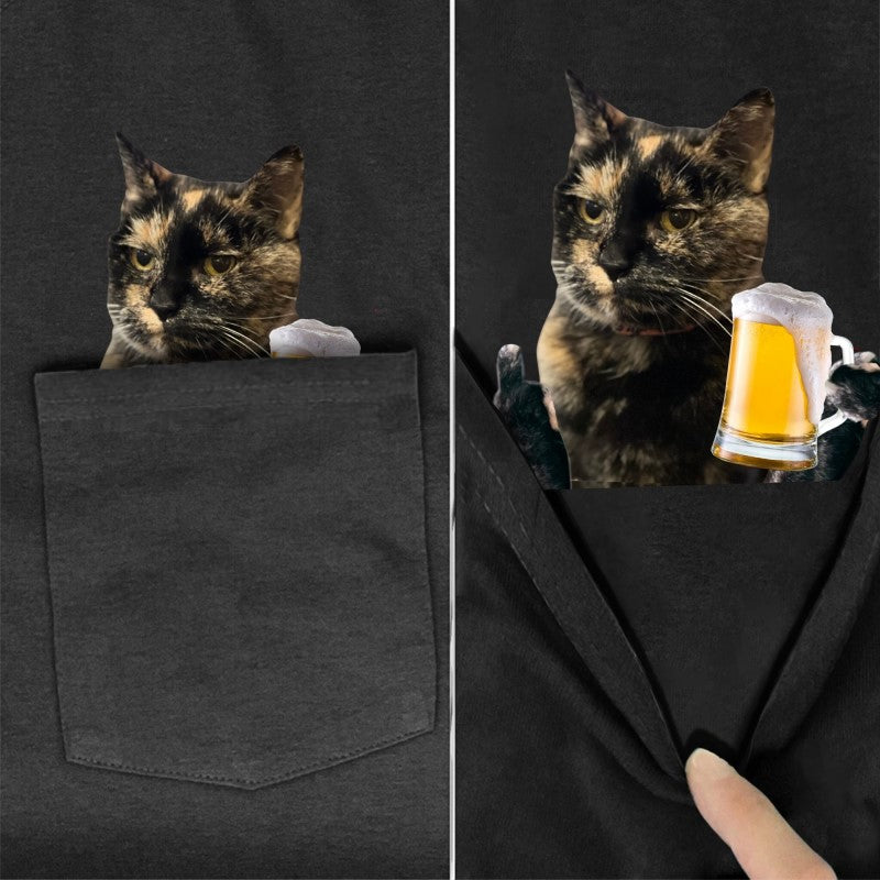 Tortoiseshell Beer Cat Pocket T-Shirt - Super Kitty Cats - TortieBeerpockettshirt-S