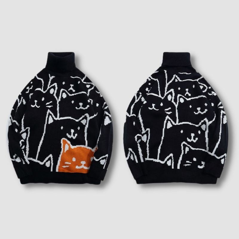 Turtleneck Cat Pattern Sweater - Super Kitty Cats - 1005003824197223-L-Black
