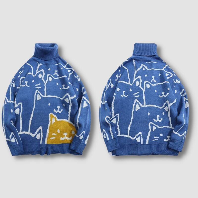 Turtleneck Cat Pattern Sweater - Super Kitty Cats - 1005003824197223-L-Blue