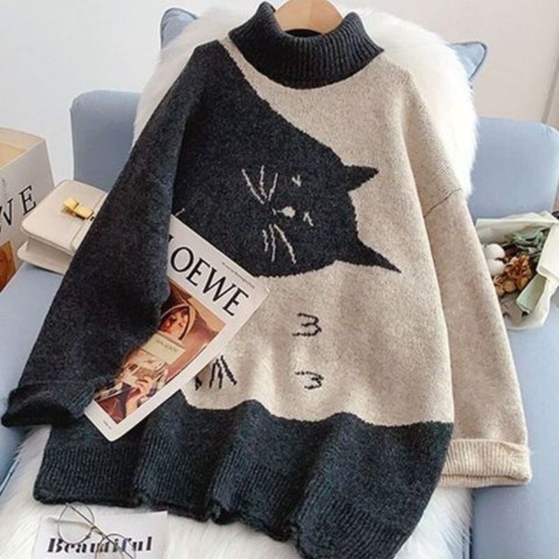 Turtleneck Yin-Yang Cat Sweater - Super Kitty Cats - 1005004828274626-One Size-dark gray