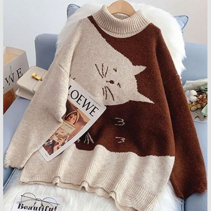 Turtleneck Yin-Yang Cat Sweater - Super Kitty Cats - 1005004828274626-One Size-Light Brown