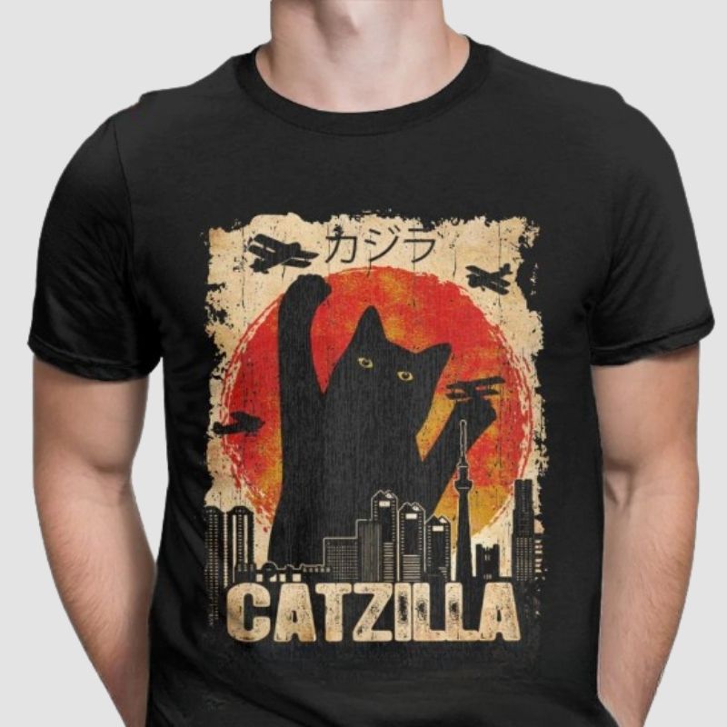 Vintage Catzilla City Monster T-shirt - Super Kitty Cats - 44618836-black-s
