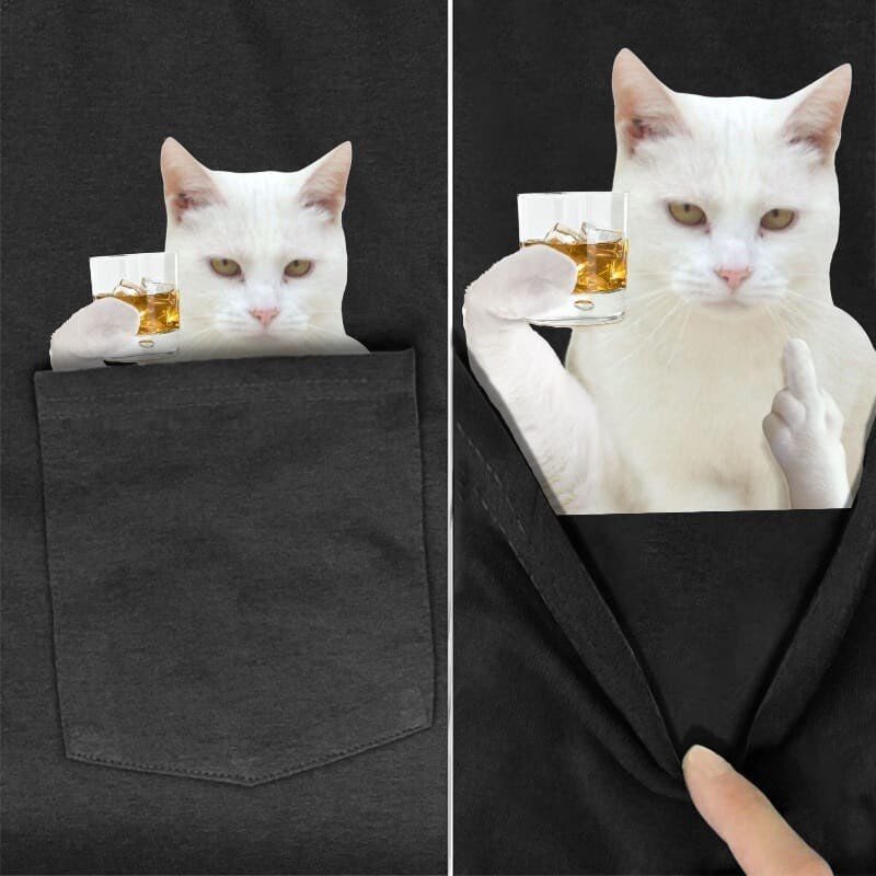 Whiskey White Cat Pocket T-Shirt - Super Kitty Cats - WhiskeyCatPT-US-S