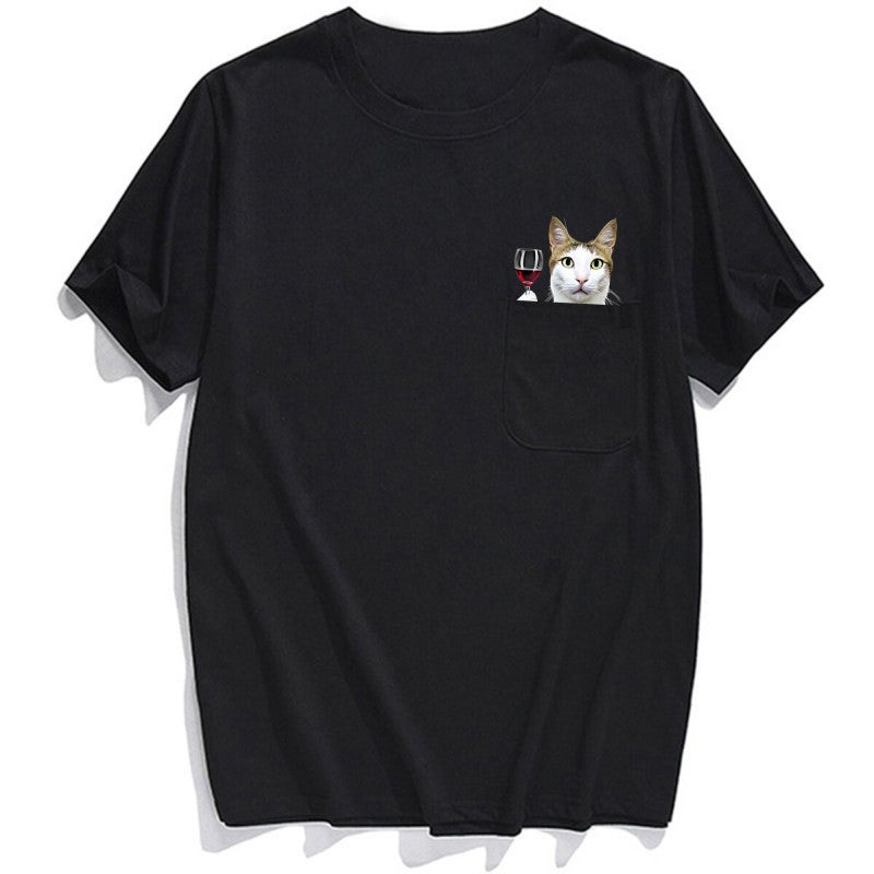White-Brown Cat Wine Pocket T-Shirt - Super Kitty Cats - WBWpockettshirt-S