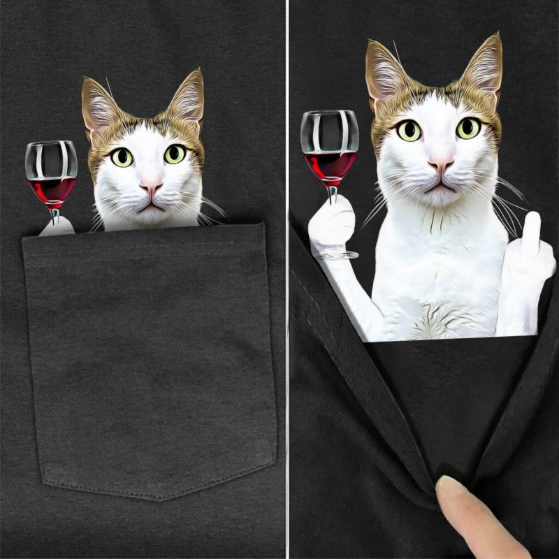 White-Brown Cat Wine Pocket T-Shirt - Super Kitty Cats - WBWpockettshirt-S
