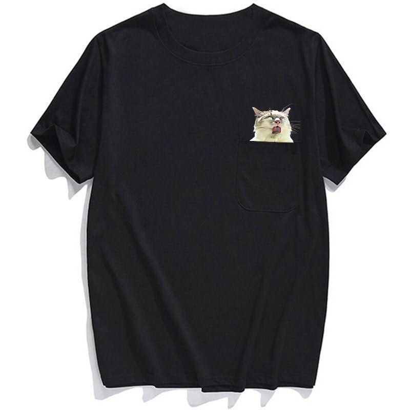 White Cat Licking Pocket T-shirt - Super Kitty Cats - WhiteCL-US-S