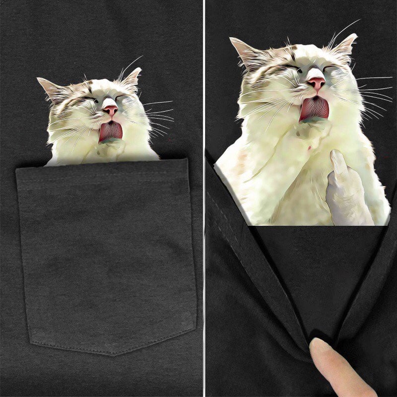 White Cat Licking Pocket T-shirt - Super Kitty Cats - WhiteCL-US-S