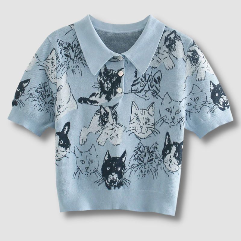 Women's Cat Prints Collared T-Shirt - Super Kitty Cats - 12000024001252276-CX0920-M-China